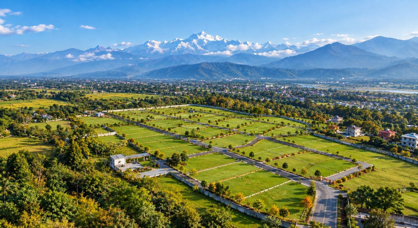 Aerial view of the plotted layout with the Himalaya behind